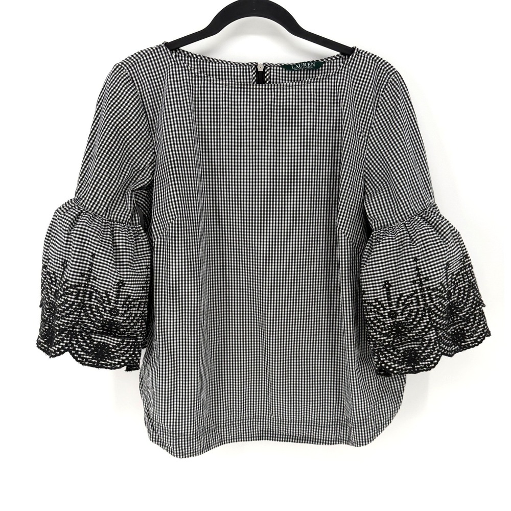 Lauren Ralph Lauren Blouse Gingham Black White Embroidered Bell Sleeve Top M/L